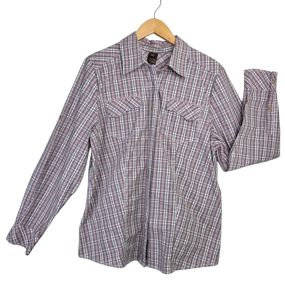REI Womens Gray Cotton Plaid Button Up Shirt XL Roll Tab Hiking Gorpcore